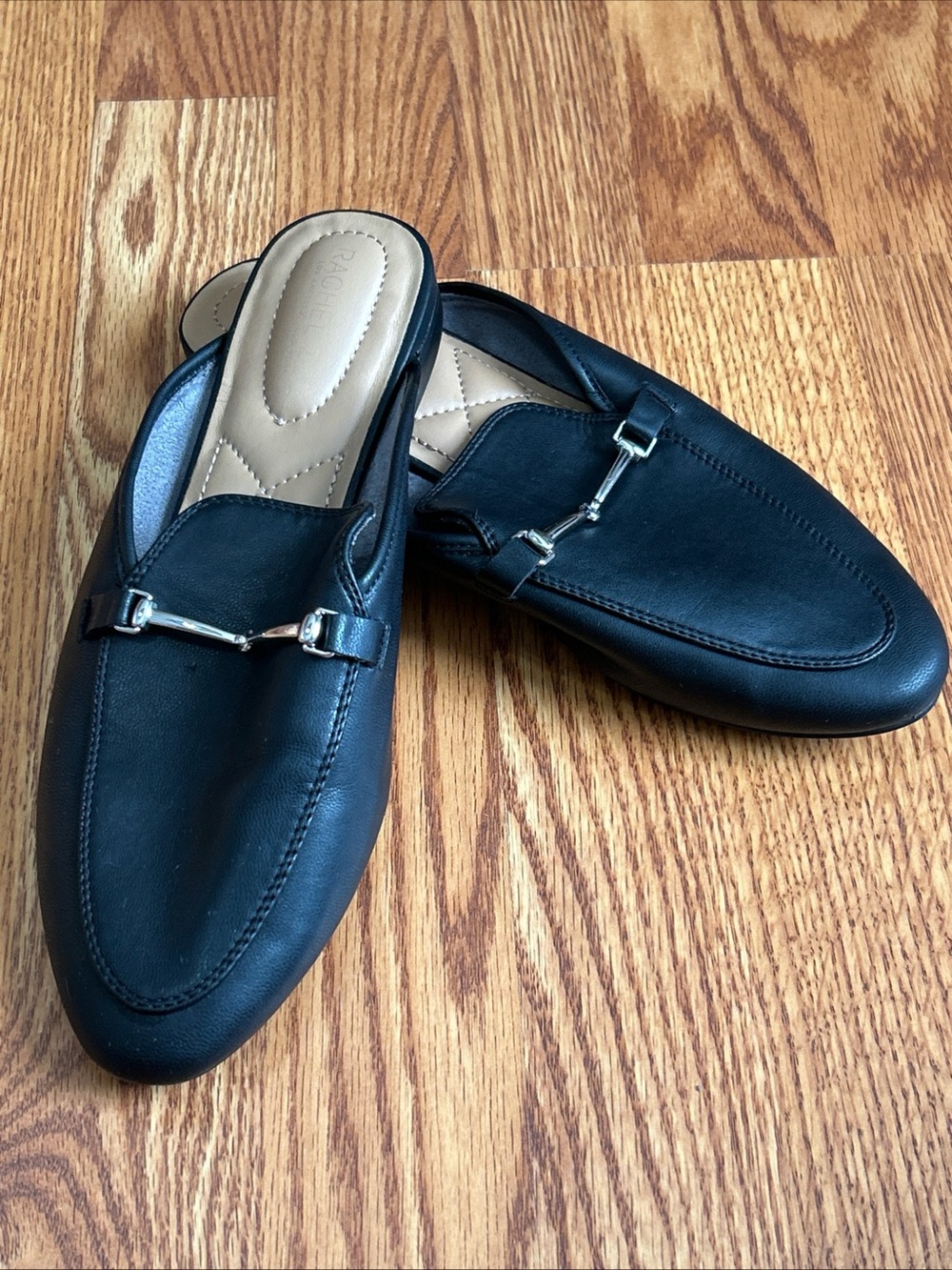 Rachel Zoe Solid Black Faux Leather Slides Bit Buckle Silver Accents Size 8.5M